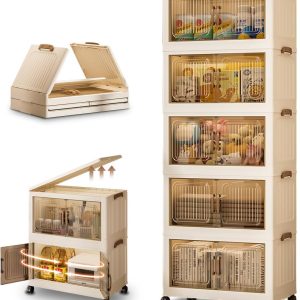 Anniversary Celebration While Stocks Last Just $ 69：Cestbella Stackable Storage Bins with Lids, 5 Tier Storage Cabinet with Wheels Dual Opening Storage Box, Collapsible Closet Organizer Foldable Clothes Snacks Toys Book Container Case 42x26x108cm
